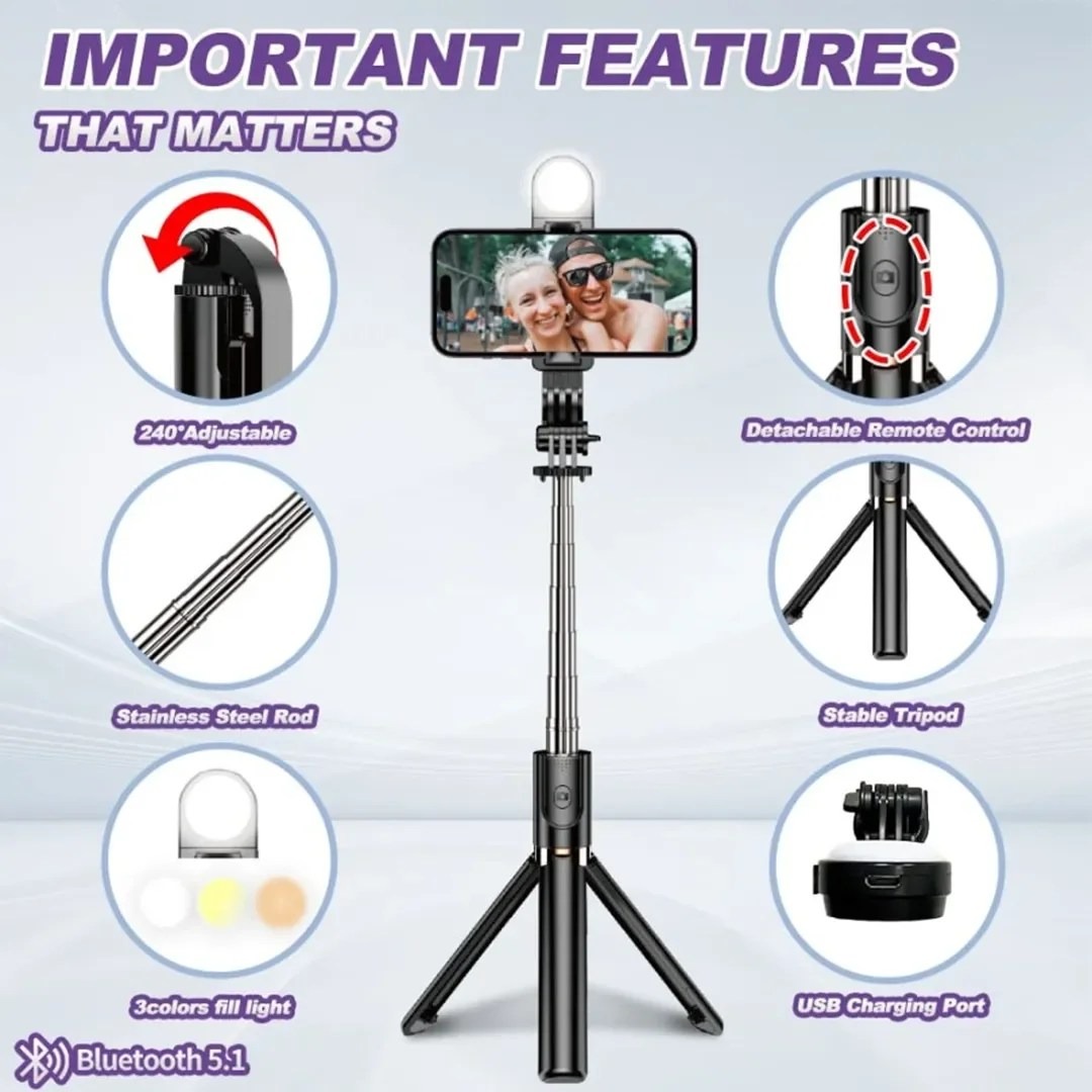 K8 LED Selfie Stick Tripod – 130cm Extendable | Bluetooth Remote & LED Light