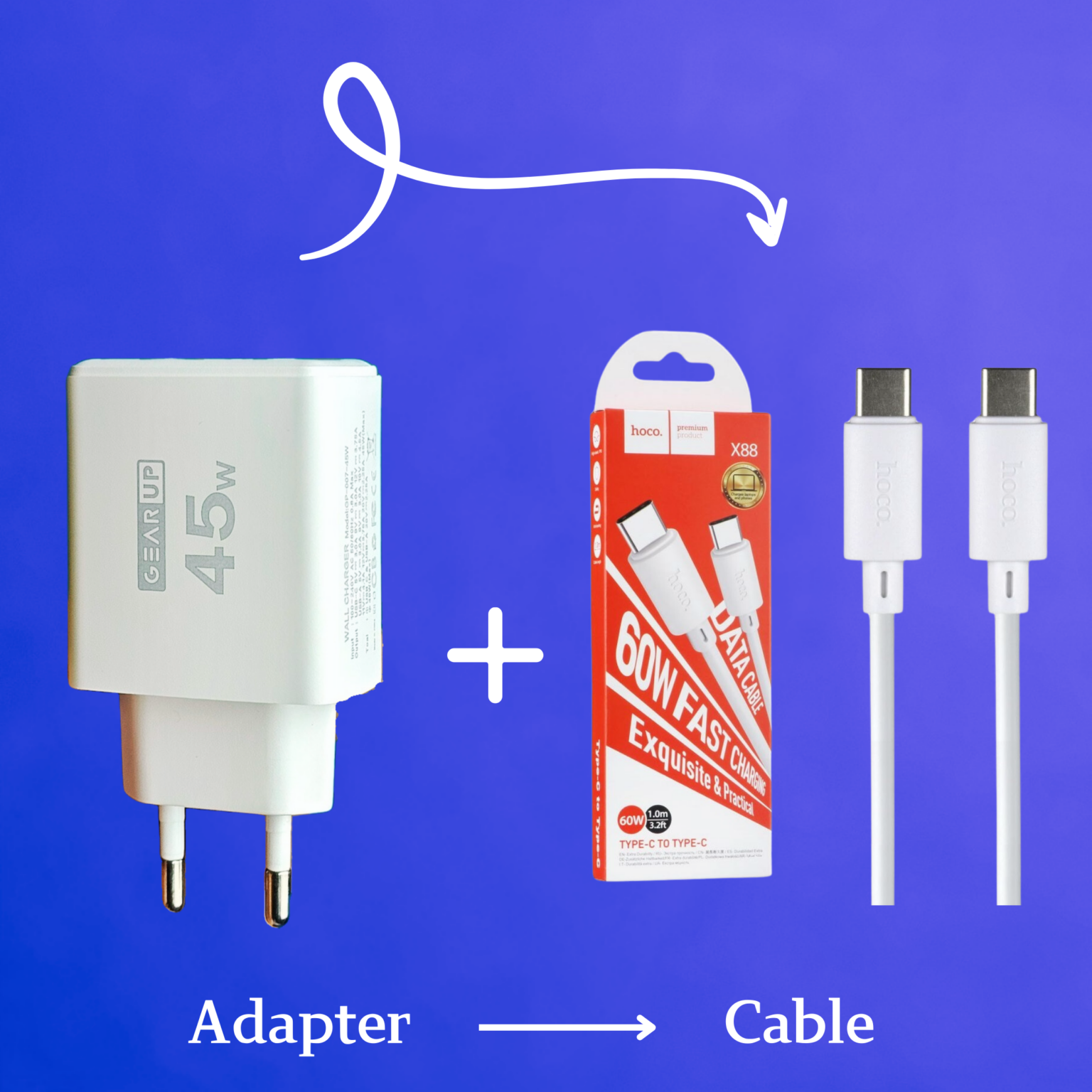 GearUP 45W Turbo Power Charger with Hoco 60W PD Cable – Ultra Fast Type-C Charging Combo | Bangladesh Edition