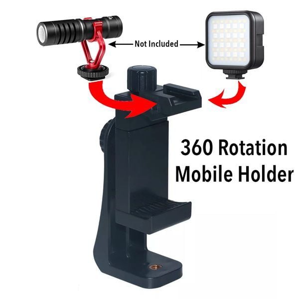 360 Degree Mobile Holder With Cold Shoe Mount - Adjustable Phone Grip, Compatible with Microphone & LED Light | Vlogging Accessories in Bangladesh | TUSHAR TECH