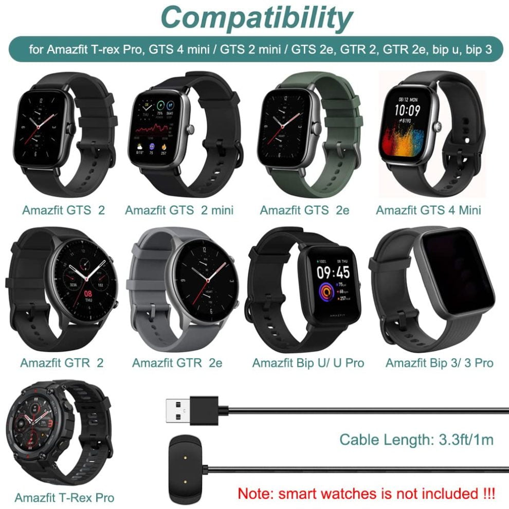 Original Charger Cable for Amazfit Smartwatch - Compatible with GTR 2, GTS 2, Bip 3 Series | 1 Meter Length | TUSHARTECH.COM.BD