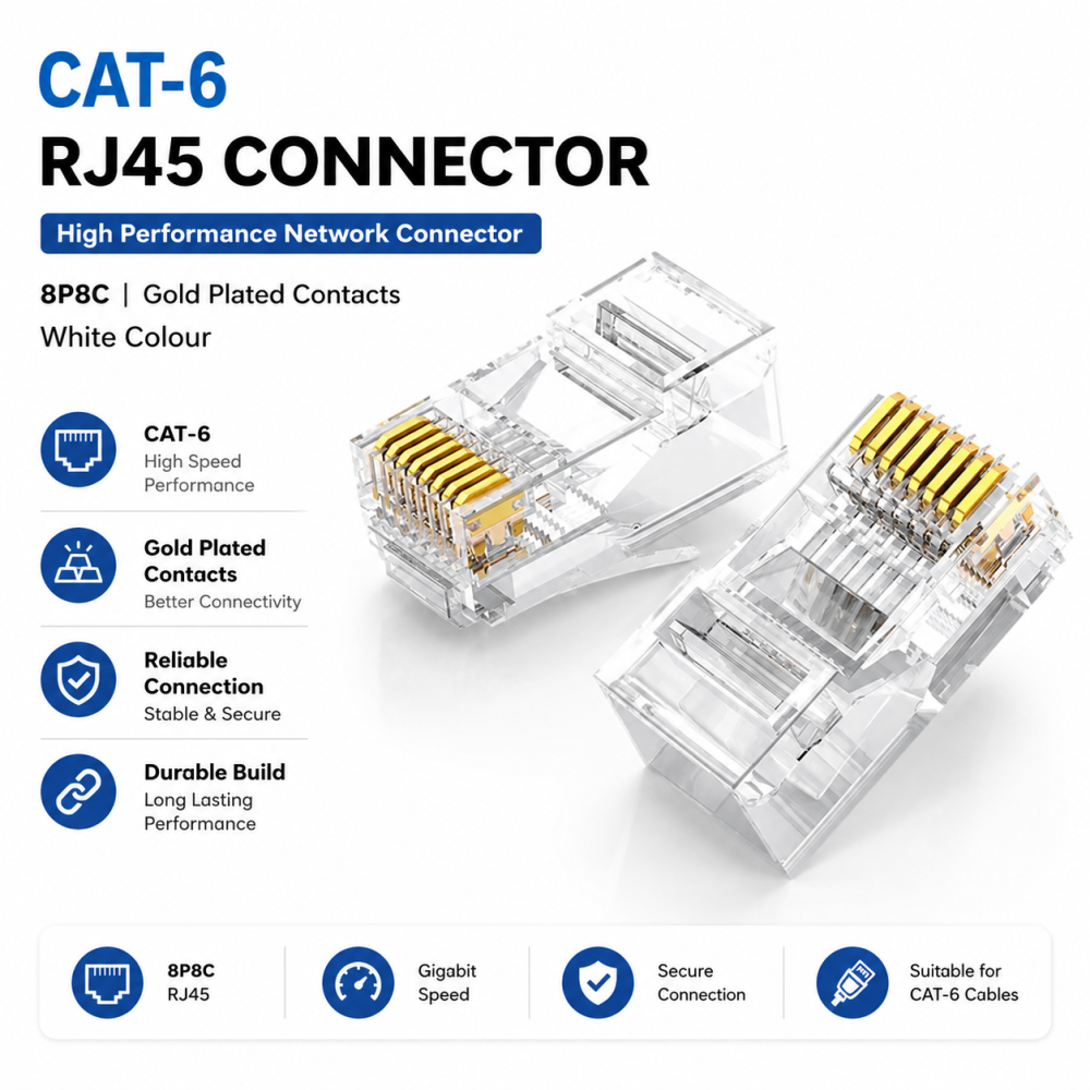 CAT-6 RJ45 Connector - White Colour, 8P8C Network Plug for Ethernet Cable