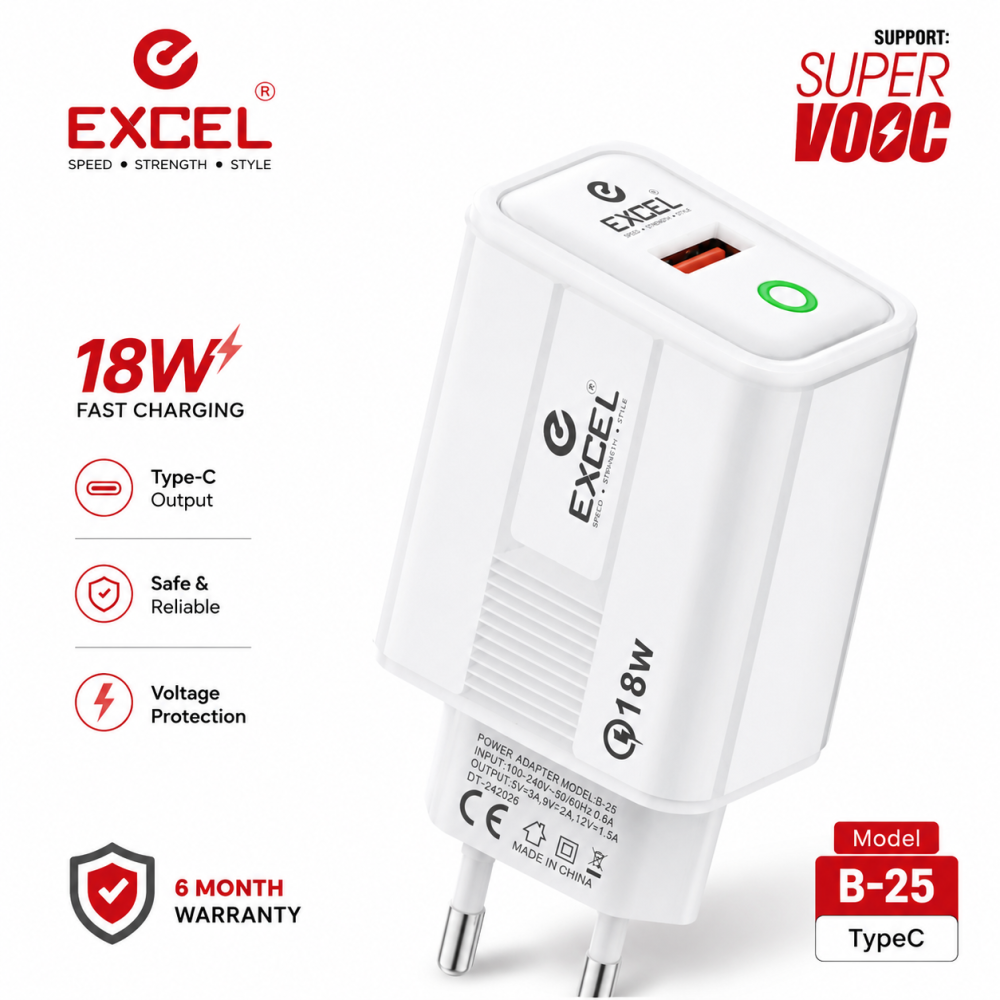 Excel B25 18W Fast Charger with Type C Cable